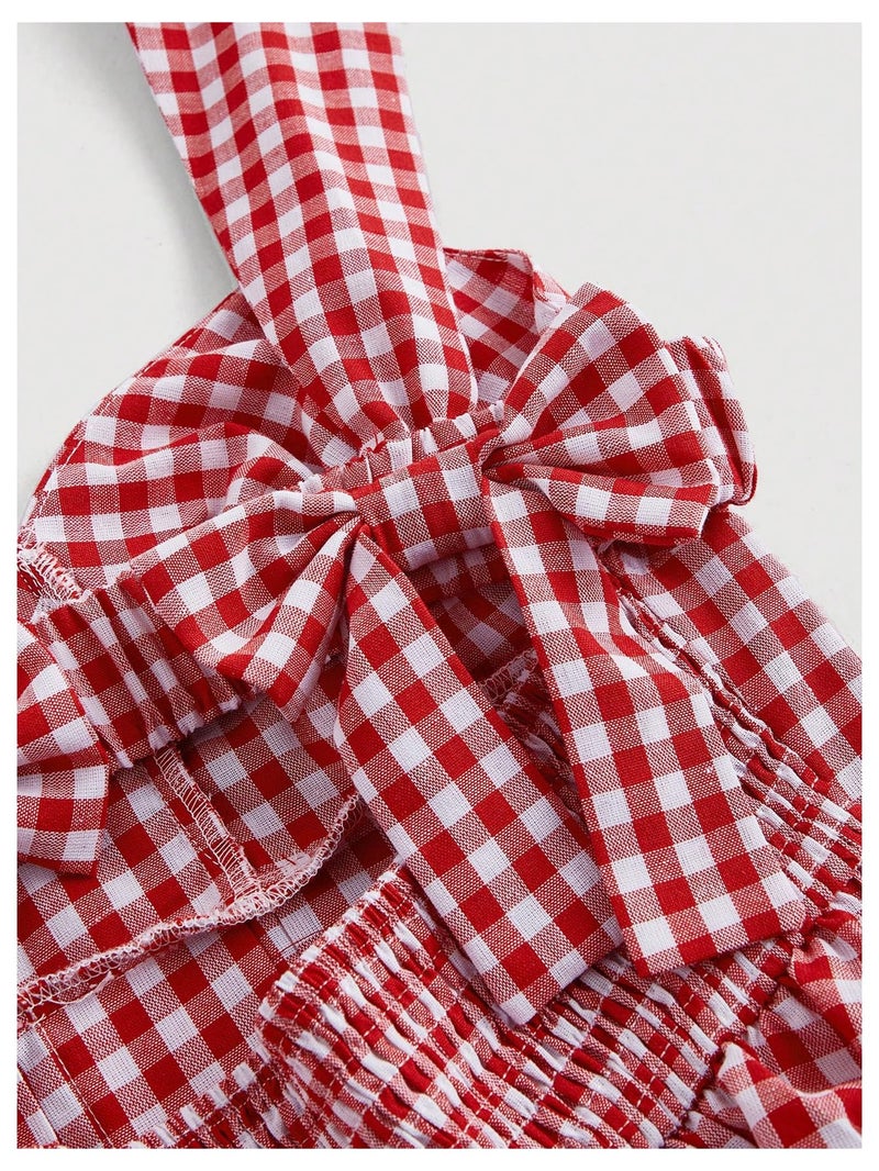 Floerns Women's Plaid Ruched Bust Sleeveless Vintage Bowknot Pleated Short Dresses Red Large - Image 3