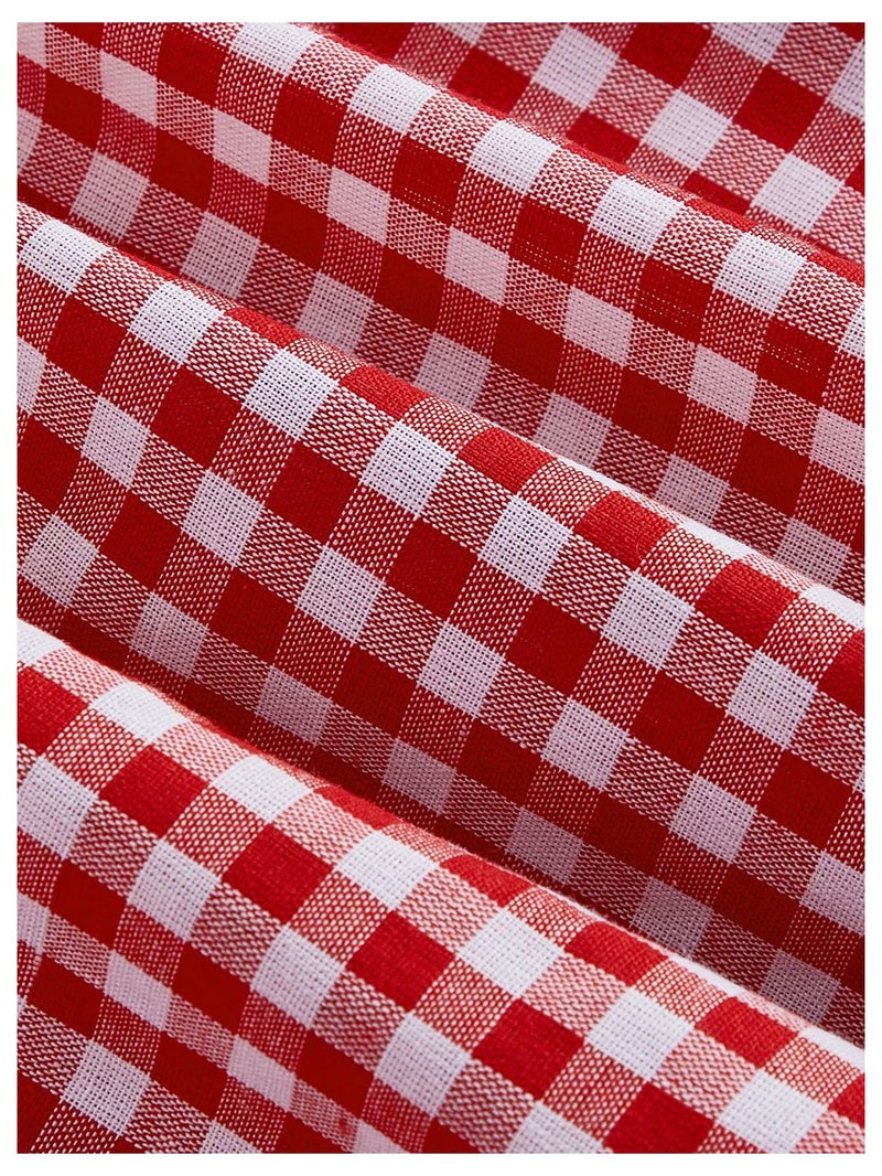 Floerns Women's Plaid Ruched Bust Sleeveless Vintage Bowknot Pleated Short Dresses Red Large - Image 4