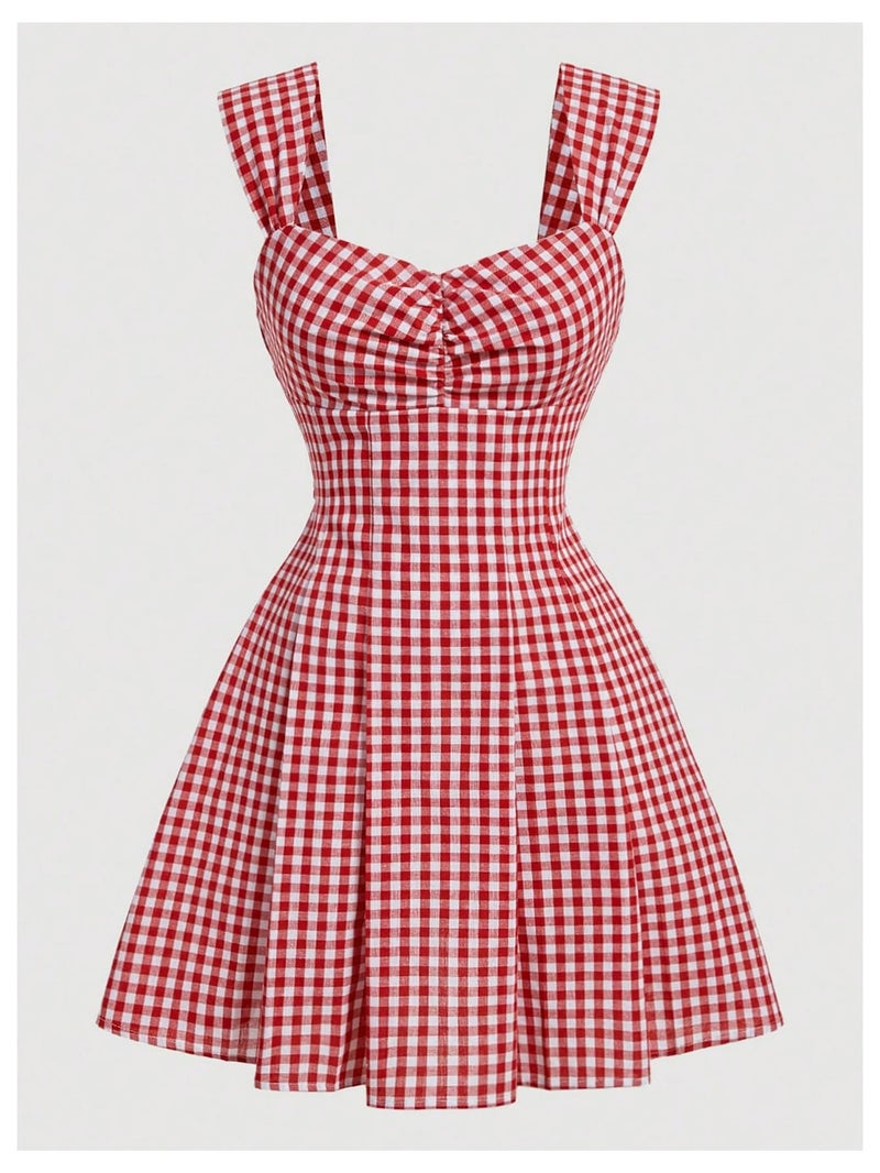 Floerns Women's Plaid Ruched Bust Sleeveless Vintage Bowknot Pleated Short Dresses Red Large - Image 2