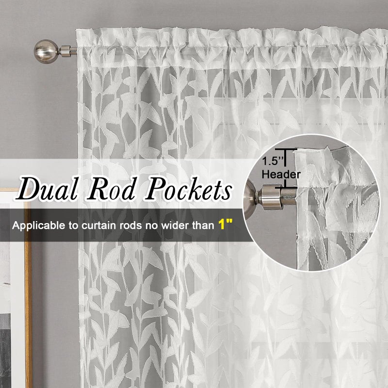 Lecloud Leia Sheer Ivory Window Curtains for Kitchen 14 Inch Length 2 PCS, Dual Rod Pockets Window Living Room Curtain Valance, Jacquard Clip Textured Leaf Short Bedroom Drapes, 40 W x 14 L - Image 3