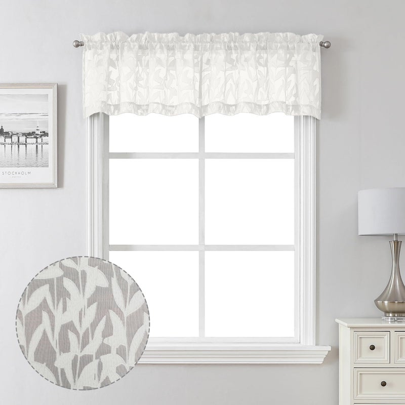 Lecloud Leia Sheer Ivory Window Curtains for Kitchen 14 Inch Length 2 PCS, Dual Rod Pockets Window Living Room Curtain Valance, Jacquard Clip Textured Leaf Short Bedroom Drapes, 40 W x 14 L - Image 1