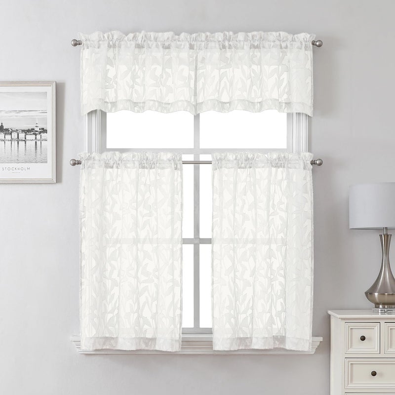 Lecloud Leia Sheer Ivory Window Curtains for Kitchen 14 Inch Length 2 PCS, Dual Rod Pockets Window Living Room Curtain Valance, Jacquard Clip Textured Leaf Short Bedroom Drapes, 40 W x 14 L - Image 2