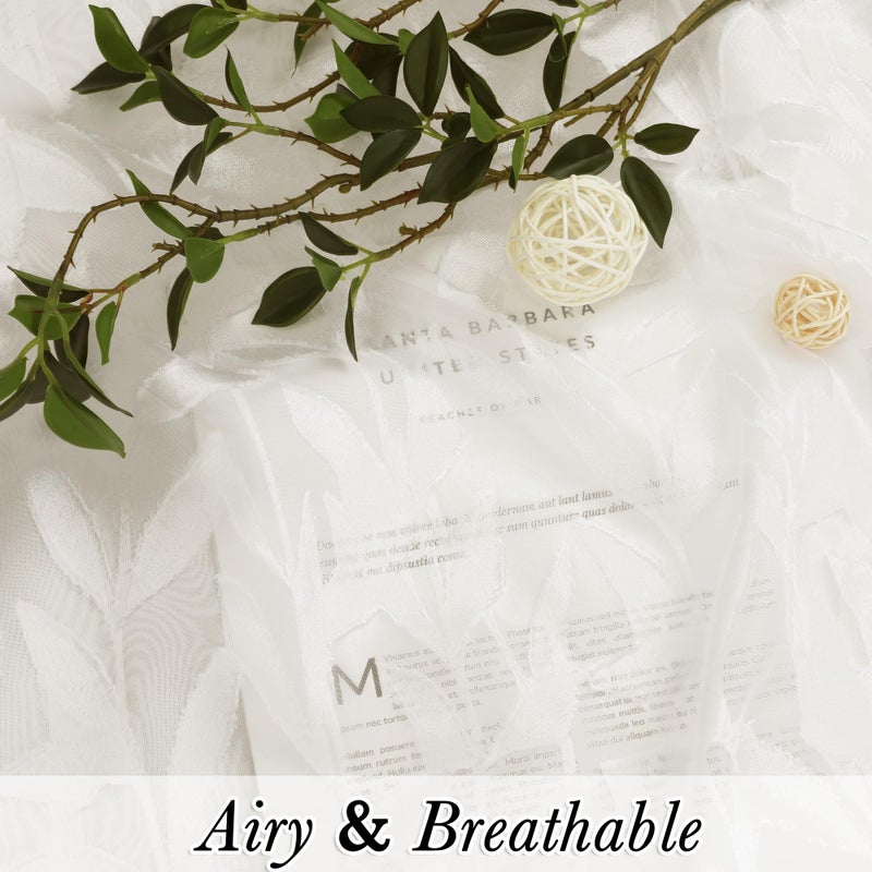 Lecloud Leia Sheer Ivory Window Curtains for Kitchen 14 Inch Length 2 PCS, Dual Rod Pockets Window Living Room Curtain Valance, Jacquard Clip Textured Leaf Short Bedroom Drapes, 40 W x 14 L - Image 4