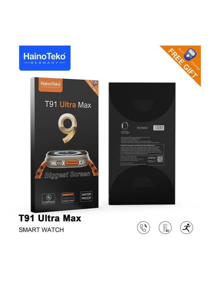 Haino Teko - T91 Ultra Max Smart Watch | Largest Screen, Compass Feature, 2 Straps, Waterproof, Fitness Tracker, Heart Rate Monitor, Bluetooth Calling, Free Gift Included, Compatible with iPhone & Android - Image 1