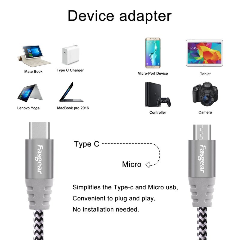 Fasgear Type-C to Micro USB Cable, 1 Pack Nylon Braided USB C to Micro USB Cord Fast Charging and Transferring Data for Galaxy S7/S7, HTC One/10 and More (30cm, Gray) - Image 4