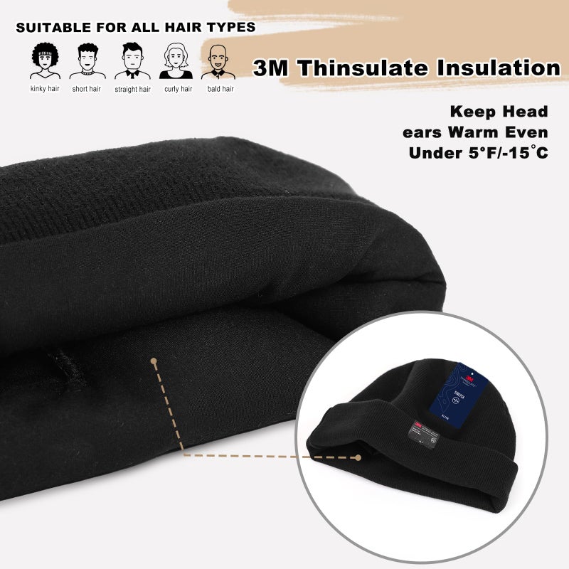 MOREOK Knit Cuffed Beanie Hats for Men Women-3M Thinsulate Winter Snow Ski Warm Skull Hat Cap with Fleece Liner -Blackï¼ˆSmall-Largeï¼‰ - Image 2