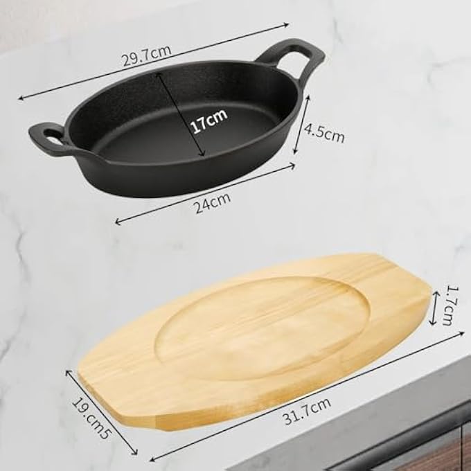 Unity Cast Iron Fajita Skillet Set 24Cm X 17Cm Sizzling Plate With Wooden Base Small Oval Casserole Dishes Cast Iron Pizza Baking Steak Pan For Stove Oven Grill - Image 3