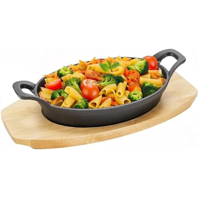 Unity Cast Iron Fajita Skillet Set 24Cm X 17Cm Sizzling Plate With Wooden Base Small Oval Casserole Dishes Cast Iron Pizza Baking Steak Pan For Stove Oven Grill - Image 2