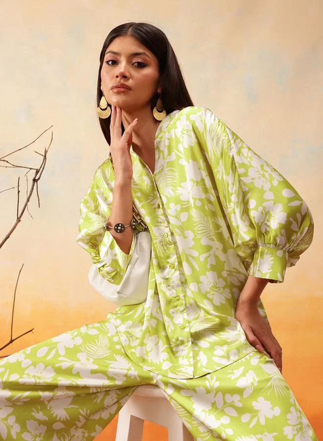STREET 9 STREET 9 Floral Printed Balloon Sleeve Shirt with Trousers Set