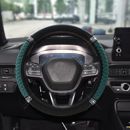 Tecledsn Bling Soft Leather Steering Wheel Cover 15 Inch Colorful Rhinestones Auto Elastic Steering Wheel Protector for Women Girls Car Accessories Anti Slip Steering Wheel Cover for Cars SUVs Dark Green - Image 1