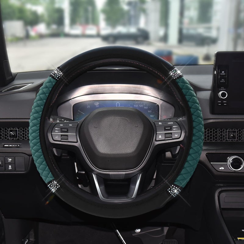 Tecledsn Bling Soft Leather Steering Wheel Cover 15 Inch Colorful Rhinestones Auto Elastic Steering Wheel Protector for Women Girls Car Accessories Anti Slip Steering Wheel Cover for Cars SUVs Dark Green - Image 3