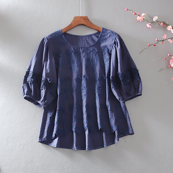Summer Retro embroidery Mori womens loose lantern sleeve artistic slimming elegant shirt doll shirt top agent Blue - Image 1