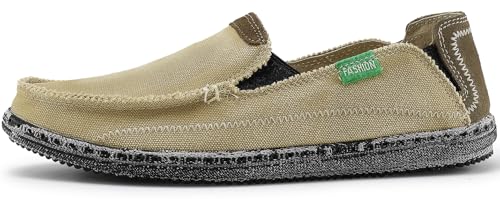 VILOCY Mens Slip on Deck Shoes Casual Canvas Loafers Summer Beach Boat Shoes Zero Drop Vintage Flat Tan US5 EU39 - Image 3