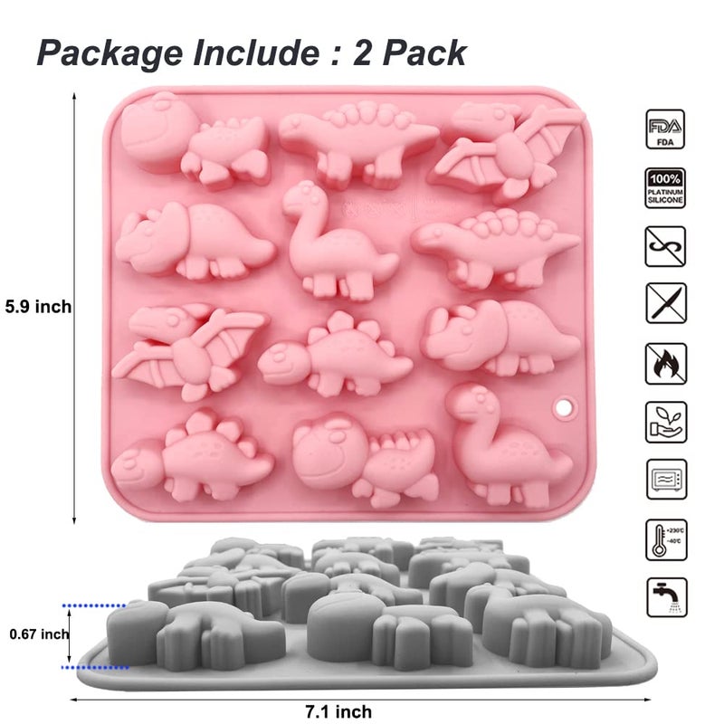 BENEKIY 2 Pack 3D Cute Dinosaur Silicone Molds 12 Cavity Dinosaur Themed Baking Mould Tray DIY Baking Tool for Easter Chocolate Cake Dessert Candy Mousse Pastry Handmade Soap Cupcake Topper - Image 2