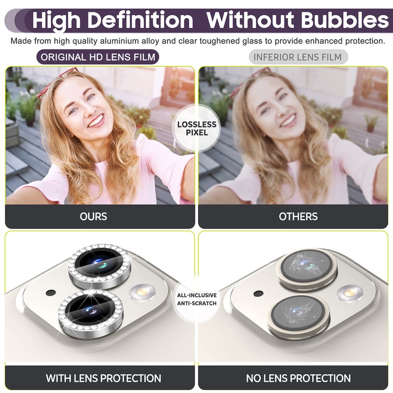 Suoman for iPhone 14 6.1 inch / 14 Plus 6.7 inch Camera Lens Protector, 9H Tempered Glass Film, [Does not Affect Night Shots] Metal Frosted Diamonds Independent Protective Cover - Diamond Silver ï»¿ - Image 5