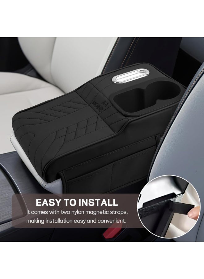 Soofam Car Center Console Armrest Pillow, 13.4"×7.5"×2" Leather Auto Arm Rest Cover with Pocket & Tissue Box & Cup Holder, Multifunctional Vehicle Armrest Cushion Pad, Car Accessories (Black) - Image 5
