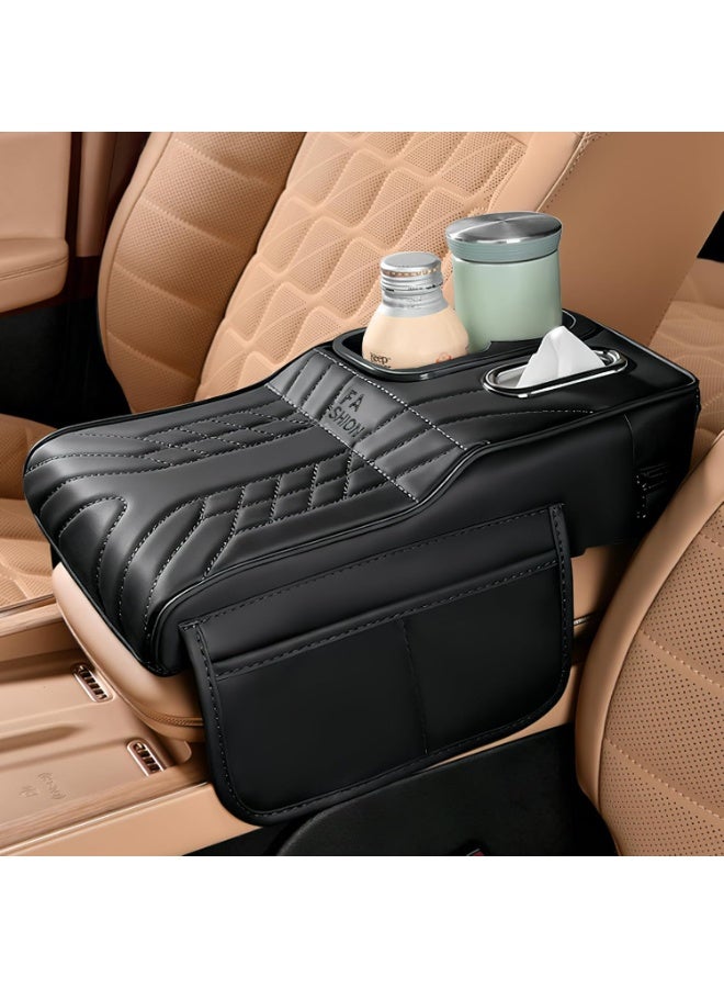Soofam Car Center Console Armrest Pillow, 13.4"×7.5"×2" Leather Auto Arm Rest Cover with Pocket & Tissue Box & Cup Holder, Multifunctional Vehicle Armrest Cushion Pad, Car Accessories (Black) - Image 1
