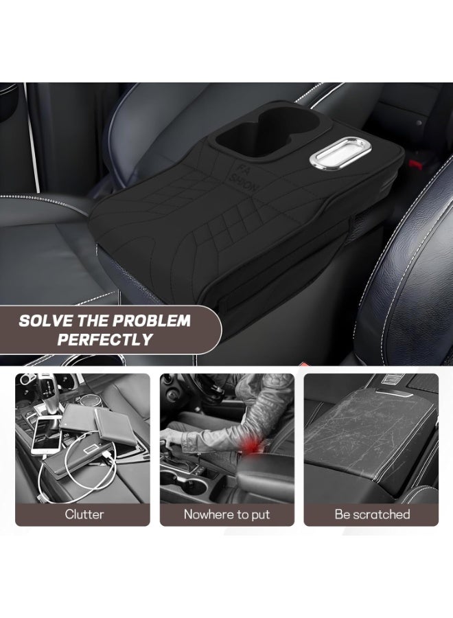 Soofam Car Center Console Armrest Pillow, 13.4"×7.5"×2" Leather Auto Arm Rest Cover with Pocket & Tissue Box & Cup Holder, Multifunctional Vehicle Armrest Cushion Pad, Car Accessories (Black) - Image 4