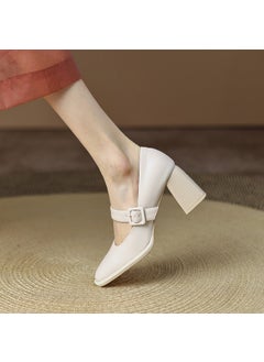 Generic French Vintage Womens Shoes 2023 New Style Thick Heel Shallow Mouth High Heel Shoes Brown Soft Leather One-Row Mary Sandals Creamy-white 