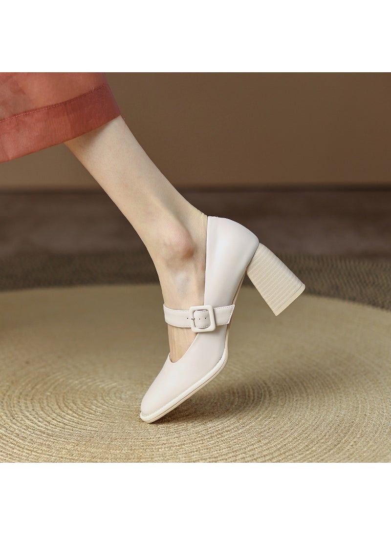 Generic - French Vintage Womens Shoes 2023 New Style Thick Heel Shallow Mouth High Heel Shoes Brown Soft Leather One-Row Mary Sandals Creamy-white - Image 1