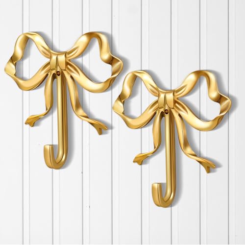 Lineshading 2 Pcs Gold Bow Wall Hooks Brass Coquette Bow Hooks for Coats Hats Bags Bath Towels Robes Vintage Room Decor Office Kitchen Hallway Bathroom Nursery Decorations L - Image 1