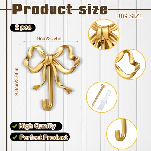 Lineshading 2 Pcs Gold Bow Wall Hooks Brass Coquette Bow Hooks for Coats Hats Bags Bath Towels Robes Vintage Room Decor Office Kitchen Hallway Bathroom Nursery Decorations L - Image 3