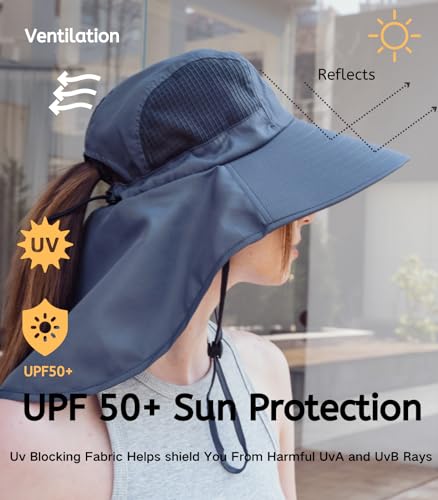 Moon Kitty UV Sun Protection Hat Women Foldable Neck Flap Wide Brim Hiking Hat with Ponytail Hole for Women Dark-Gray - Image 3