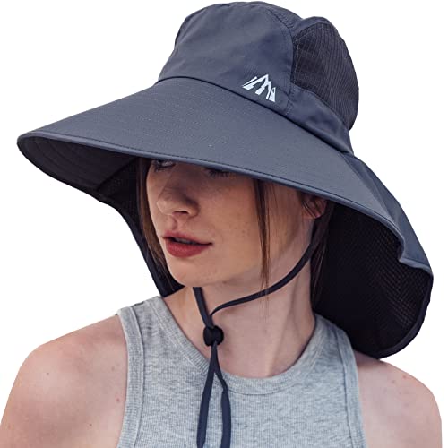 Moon Kitty UV Sun Protection Hat Women Foldable Neck Flap Wide Brim Hiking Hat with Ponytail Hole for Women Dark-Gray - Image 1