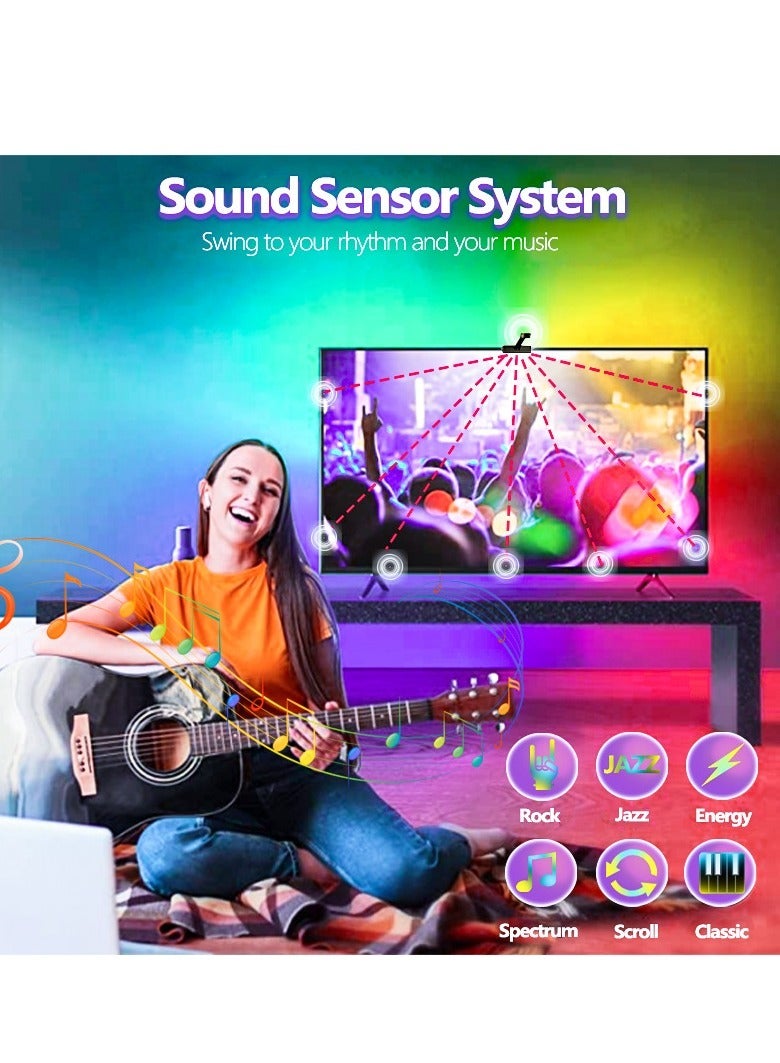 فورتي 65-75 بوصة (5 م) شاشة عرض مطابقة ألوان التلفزيون شريط إضاءة LED، شريط إضاءة LED لمزامنة الموسيقى، شريط إضاءة LED متغير اللون، تحكم في التطبيق وضوء LED عن بعد مناسب لتزيين غرفة النوم والحفلات والمنزل  - Image 2