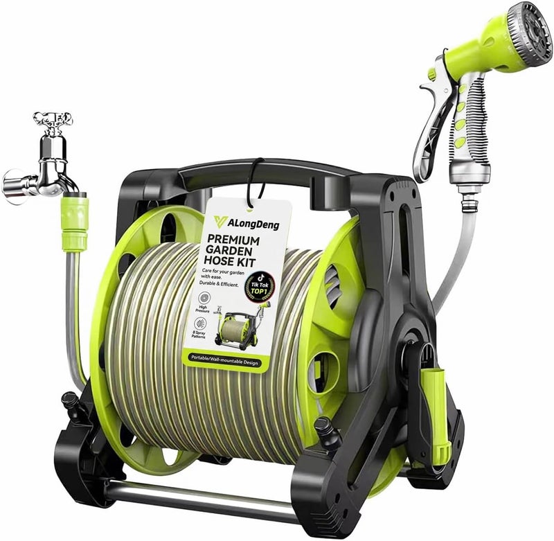 ALongDeng 30M Garden Hose Reel Set, Garden Hose Reel Kit Water Hose Holder with 8 Types Water Gun and 2M Hoses Spray Heads for Household Garden Watering Car Wash - Image 1