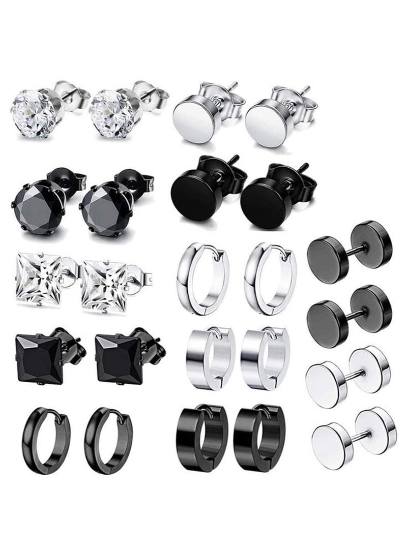 GIFT Earrings for Men, Stainless Steel Black Stud Earrings Hoop Earrings Set for Unisex, Boys Girls Jewelry Set Gift (12 Pairs Set)  - Image 1