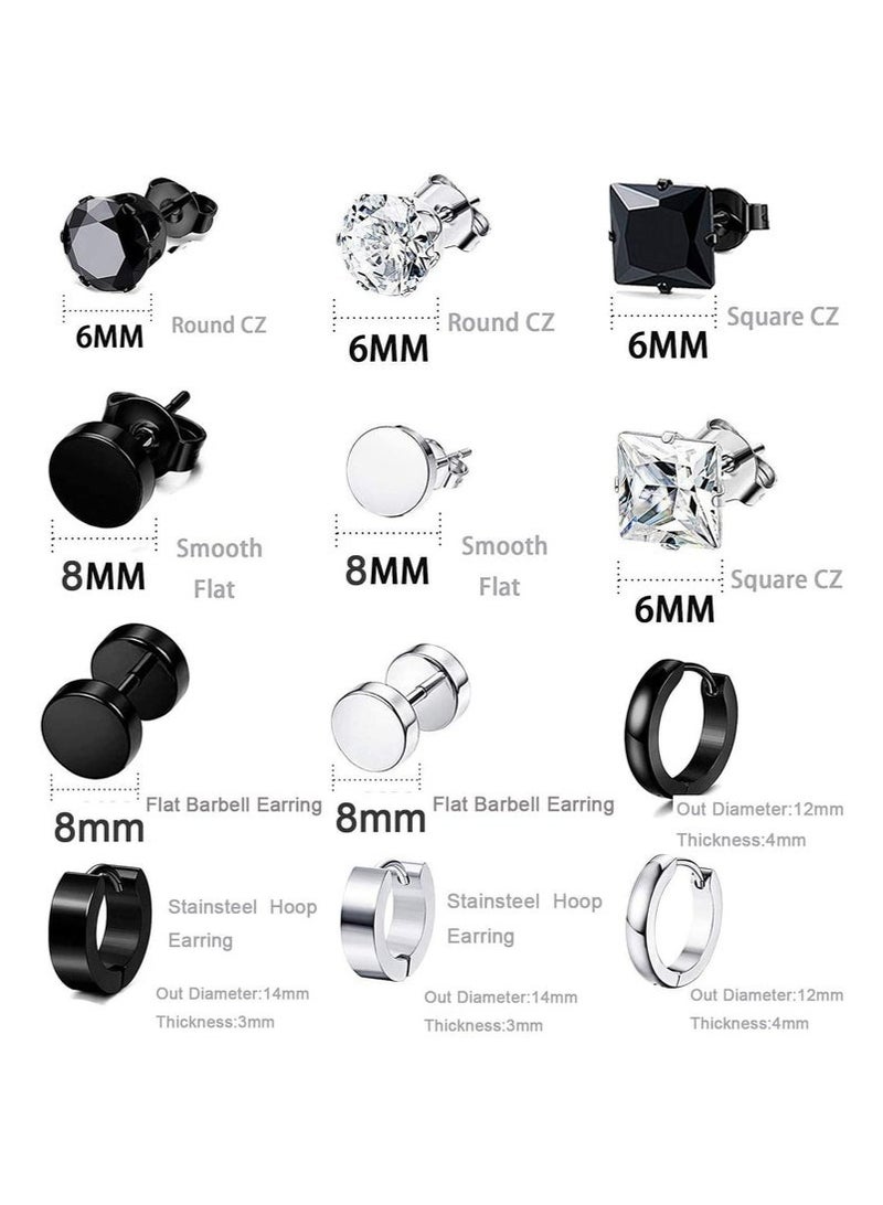 GIFT Earrings for Men, Stainless Steel Black Stud Earrings Hoop Earrings Set for Unisex, Boys Girls Jewelry Set Gift (12 Pairs Set)  - Image 2