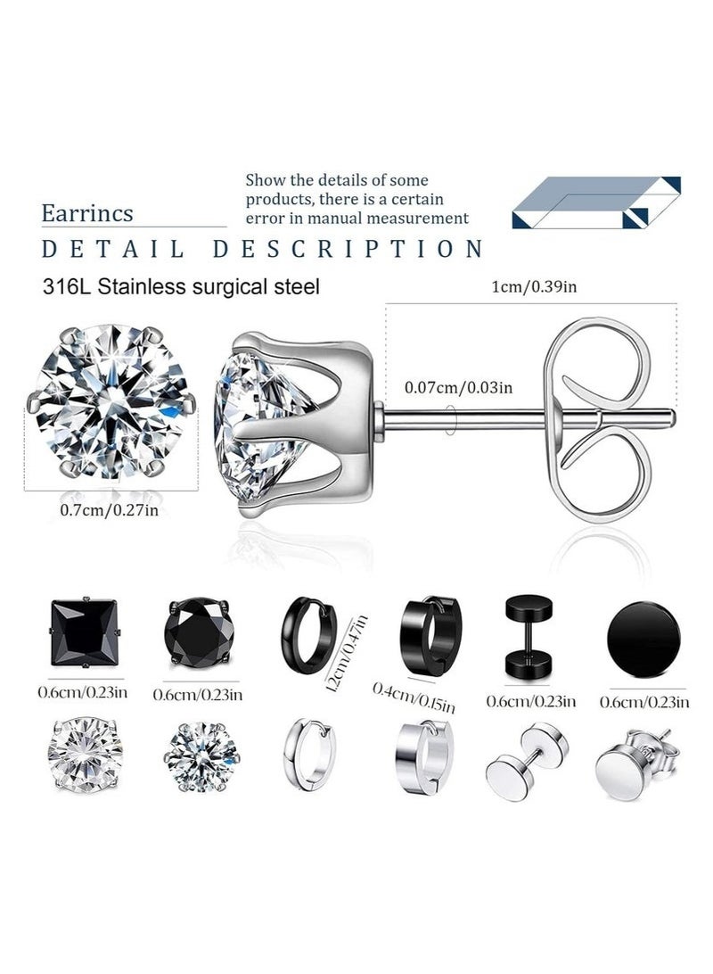 GIFT Earrings for Men, Stainless Steel Black Stud Earrings Hoop Earrings Set for Unisex, Boys Girls Jewelry Set Gift (12 Pairs Set)  - Image 3