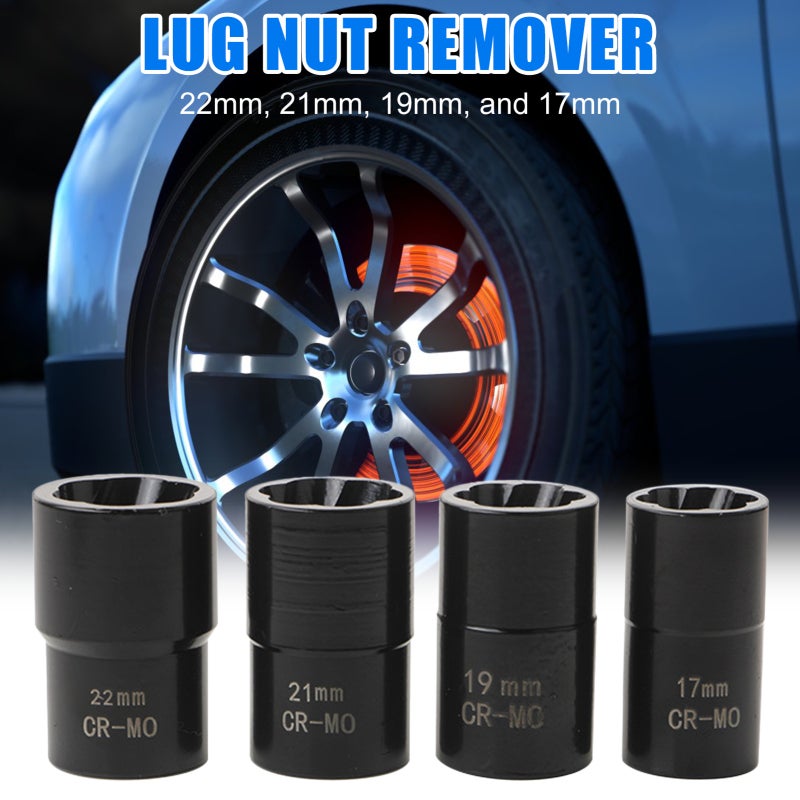 Lug Nut Remover 4-Piece 17mm 19mm 21mm 22mm Chrome Molybdenum Steel Sleeves - Anti Slip Precise Bite Patterns Wheel Hub Tool for Car Repair Vehicle Maintenance Furniture Machinery Bicycle Repair - Image 5