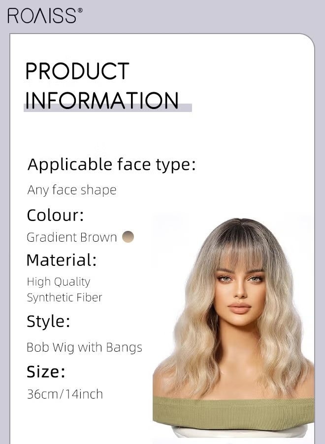 رويس باروكة شعر بني متدرج قصير ومموج للنساء مع غرة، شعر صناعي متعدد الطبقات طبيعي مقاوم للحرارة، مناسب للحفلات اليومية والتنكرية، 35 سم (14 بوصة) - Image 2