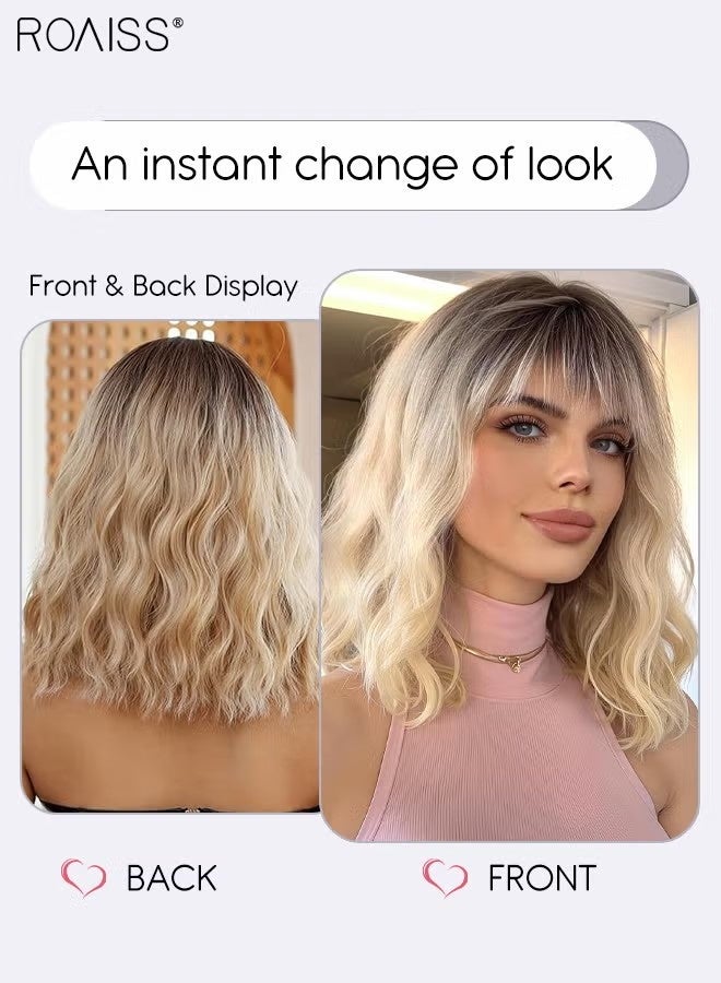 رويس باروكة شعر بني متدرج قصير ومموج للنساء مع غرة، شعر صناعي متعدد الطبقات طبيعي مقاوم للحرارة، مناسب للحفلات اليومية والتنكرية، 35 سم (14 بوصة) - Image 5