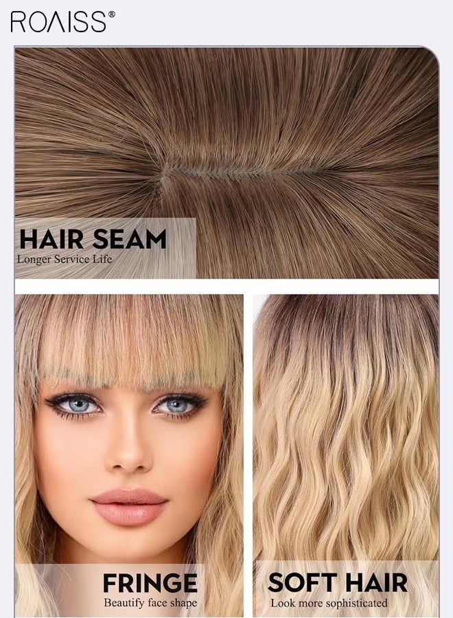 رويس باروكة شعر بني متدرج قصير ومموج للنساء مع غرة، شعر صناعي متعدد الطبقات طبيعي مقاوم للحرارة، مناسب للحفلات اليومية والتنكرية، 35 سم (14 بوصة) - Image 4