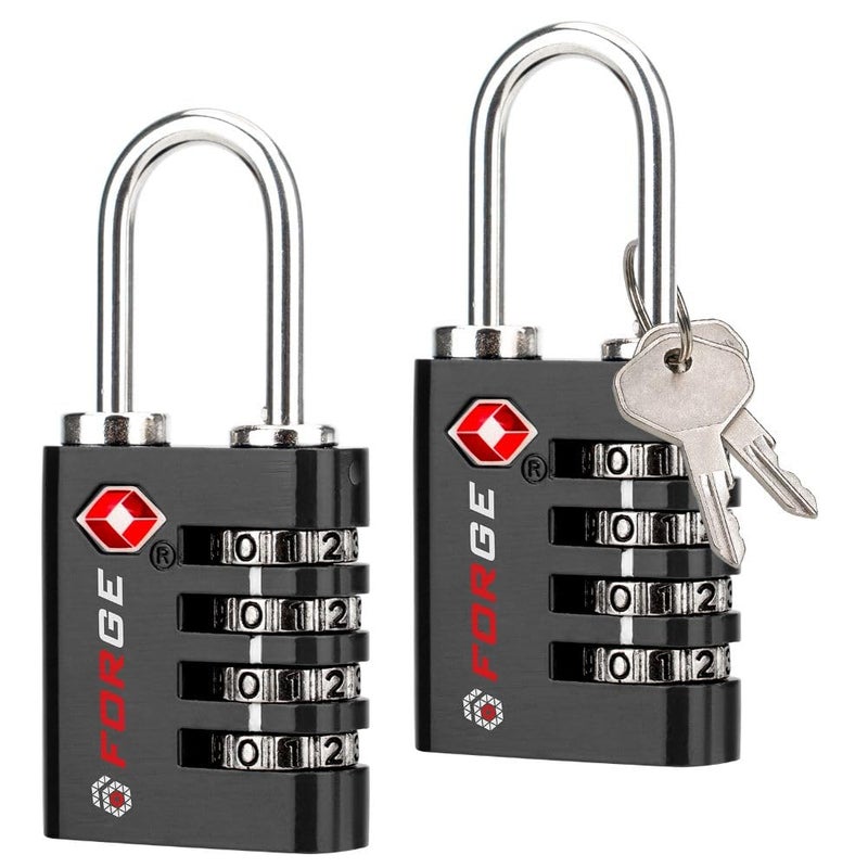 Forge قفل فتح مزدوج: قفل مفتاح أو تركيبة، أقفال معتمدة من TSA للأمتعة، صندوق بيلكان، سفر، صالة رياضية، مدرسة، حلقة فولاذية مقاومة للصدأ. (أسود 2 حزمة) - Image 1