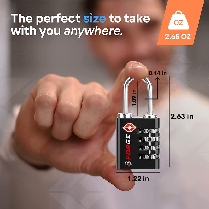 Forge قفل فتح مزدوج: قفل مفتاح أو تركيبة، أقفال معتمدة من TSA للأمتعة، صندوق بيلكان، سفر، صالة رياضية، مدرسة، حلقة فولاذية مقاومة للصدأ. (أسود 2 حزمة) - Image 3