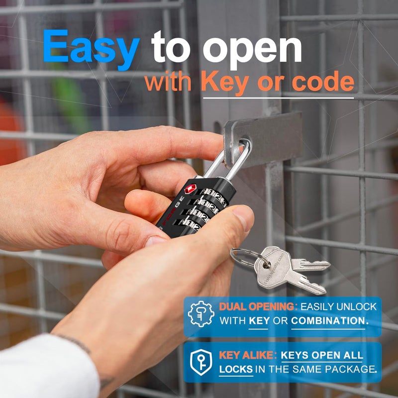 Forge قفل فتح مزدوج: قفل مفتاح أو تركيبة، أقفال معتمدة من TSA للأمتعة، صندوق بيلكان، سفر، صالة رياضية، مدرسة، حلقة فولاذية مقاومة للصدأ. (أسود 2 حزمة) - Image 4