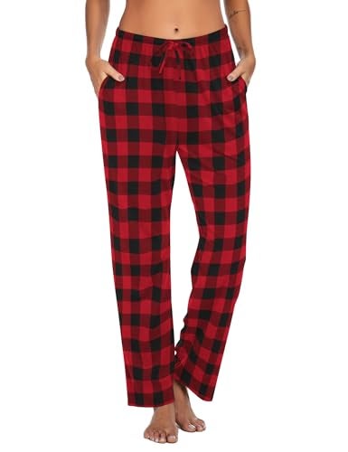 Ekouaer Women Pajama Pants Comfy Pj Bottom with Pockets Stretch Plaid Sleepwear Red and Black Plaid Medium - Image 5