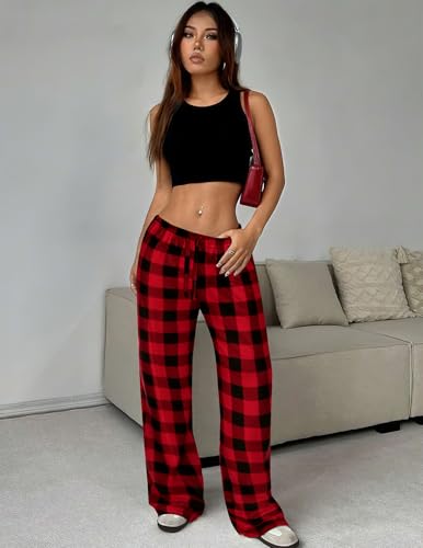 Ekouaer Women Pajama Pants Comfy Pj Bottom with Pockets Stretch Plaid Sleepwear Red and Black Plaid Medium - Image 3