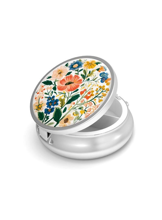 VANCANYOHO Pill Box-3 Compartment Small Pill Case for Purse & Pocket Mini Metal Pill Holder Travel Pill Container to Hold Supplements Vitamins BPA-Free (Wildflowers) - Image 1