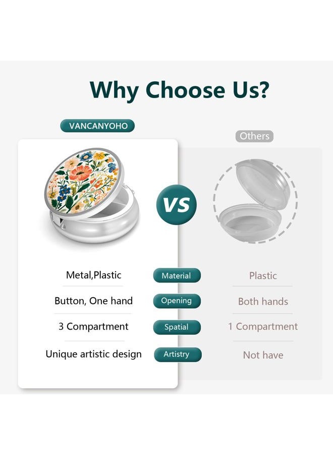 VANCANYOHO Pill Box-3 Compartment Small Pill Case for Purse & Pocket Mini Metal Pill Holder Travel Pill Container to Hold Supplements Vitamins BPA-Free (Wildflowers) - Image 4