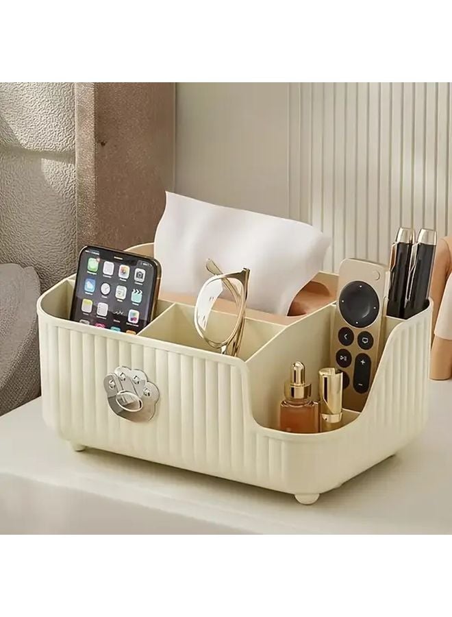 Cream Yellow Plastic Organizer Tray With Multiple Compartments For Tissues Remotes Stationery - Image 1