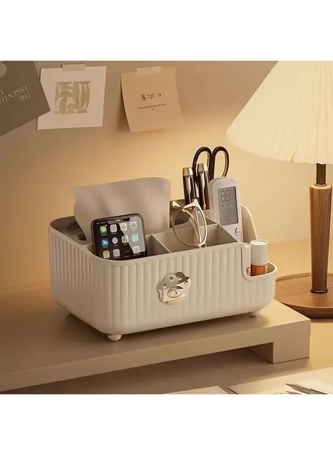 Cream Yellow Plastic Organizer Tray With Multiple Compartments For Tissues Remotes Stationery - Image 2