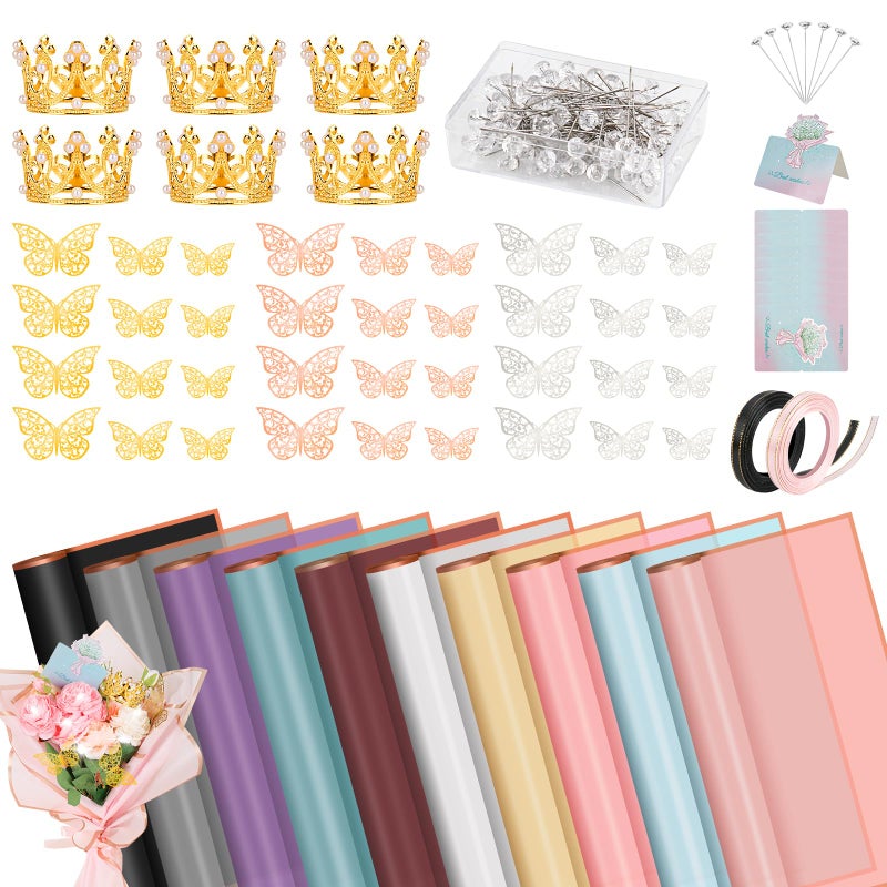 Hossmily 209 Pcs Flower Bouquet Wrapping Paper Waterproof Floral Wrapping Paper Florist Supplies with Butterfly Decoration Crowns Ribbons Bouquet Pin Glue for DIY Craft 10 Colors