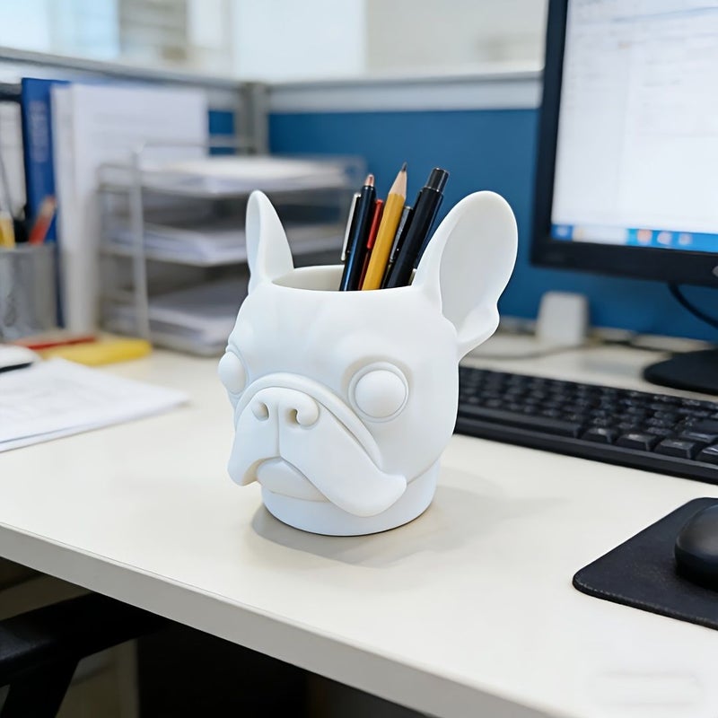 Grey French Bulldog Pen Holder With Detailed 3D Design Office Desk Decor - Image 3