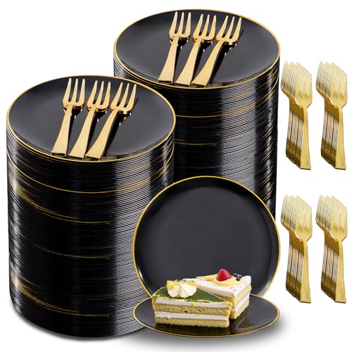 Festiva 400Pcs Black Gold Dessert Plates 6.3" with Forks 5"- 200PCS Small Disposable Dessert/Cake/Appetizer Plates and 200PCS Forks - Serve 200 Guests for Birthday Party& Wedding - Image 1
