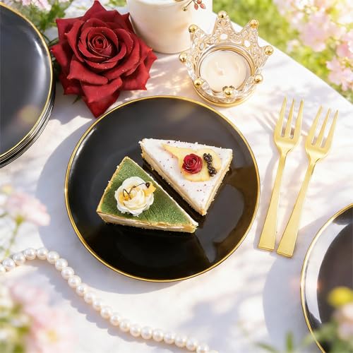 Festiva 400Pcs Black Gold Dessert Plates 6.3" with Forks 5"- 200PCS Small Disposable Dessert/Cake/Appetizer Plates and 200PCS Forks - Serve 200 Guests for Birthday Party& Wedding - Image 5